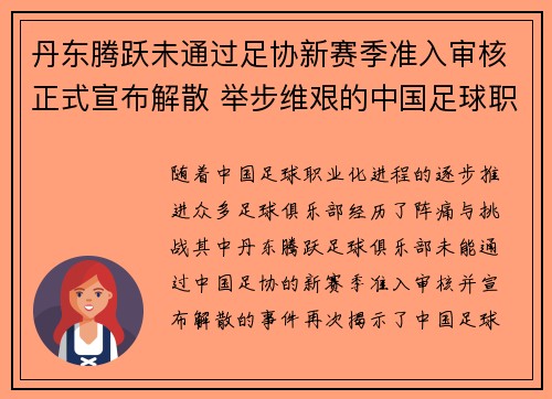 丹东腾跃未通过足协新赛季准入审核正式宣布解散 举步维艰的中国足球职业化困境再现 丹东腾跃未通过足协新赛季准入审核正式宣布解散 举步维艰的中国足球职业化困境再现