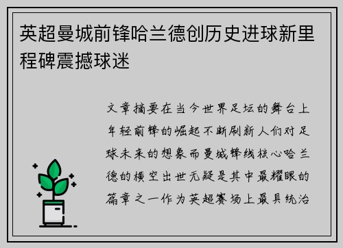 英超曼城前锋哈兰德创历史进球新里程碑震撼球迷 英超曼城前锋哈兰德创历史进球新里程碑震撼球迷
